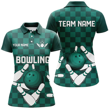 Custom Green Checkered Women Bowling Polo, Shirt Custom Team Bowling Jerseys, Ladies Bowling Outfits
