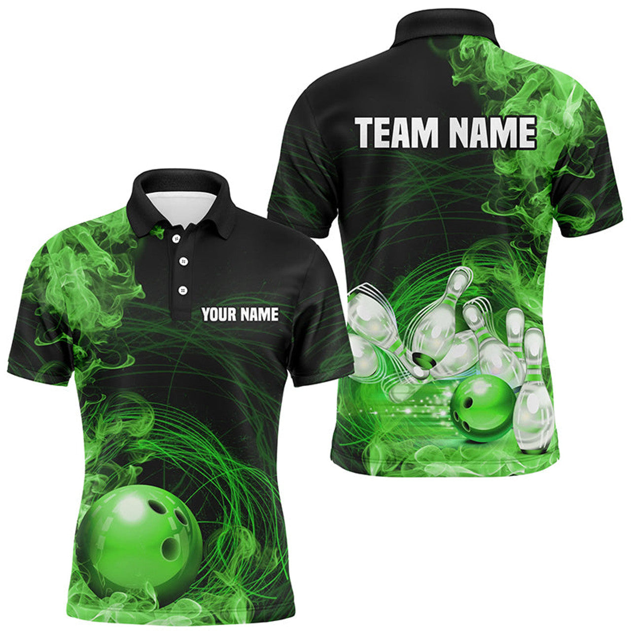 FUNSTUFFPRINT Green Flame Fire Bowling Polo Shirt Size S-5XL
