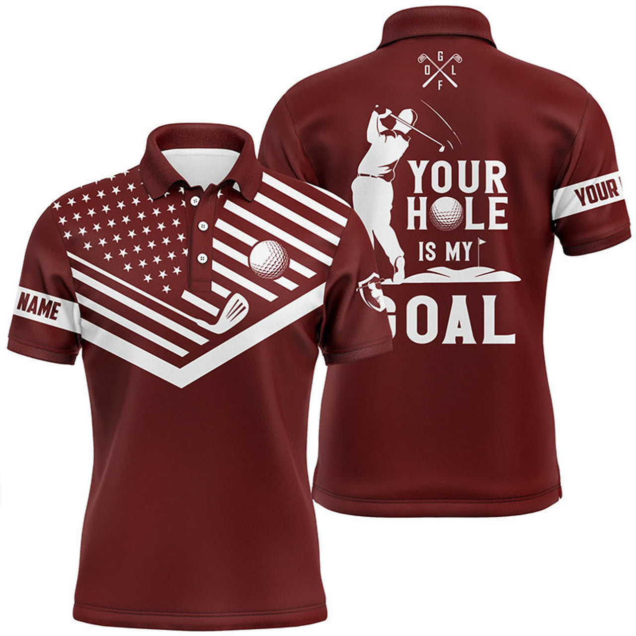 Custom Mens golf polo shirt white American flag custom your hole is my goal funny golf team shirt | Red