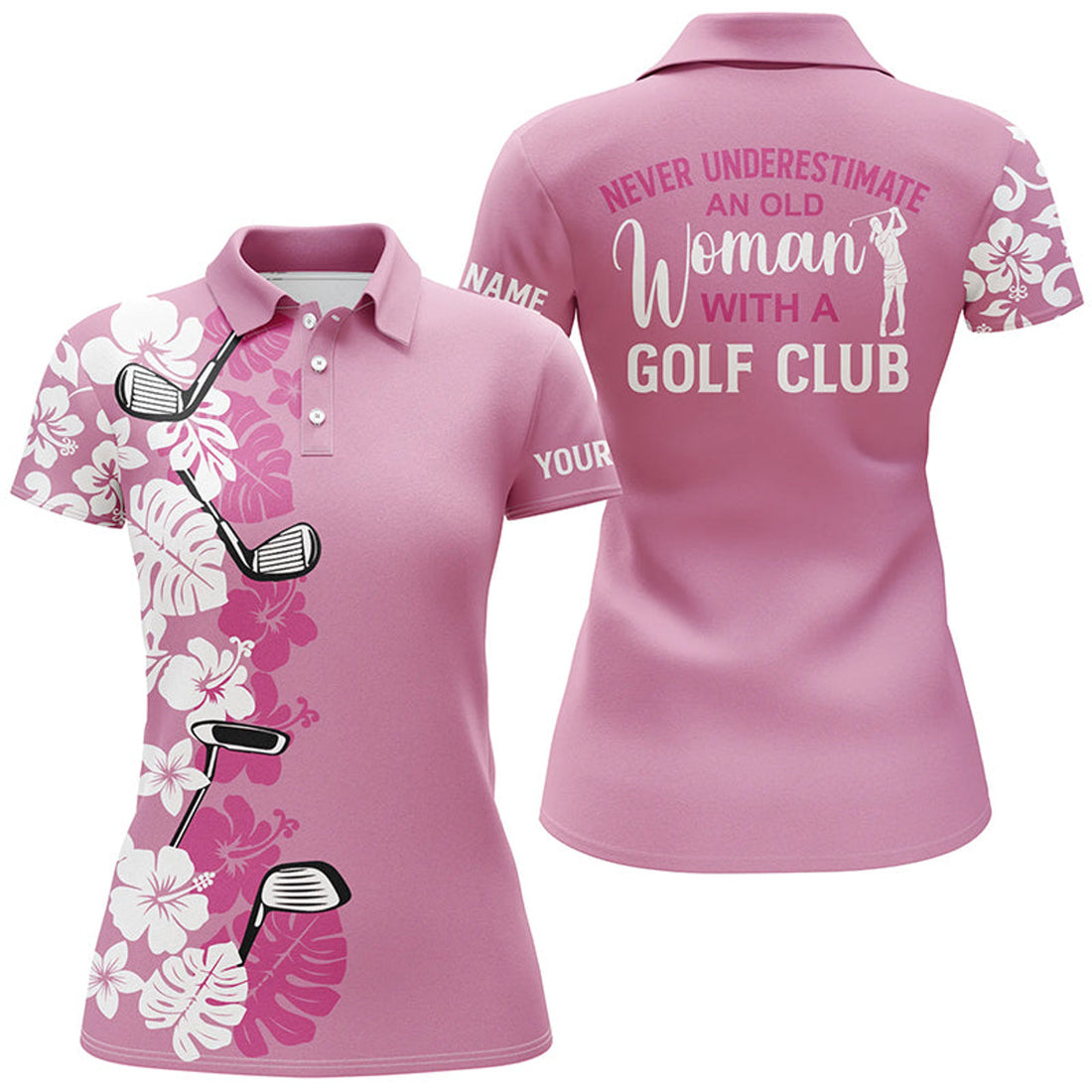 Custom Women Golf Polo Shirt Custom Pink Tropical Golf Club Never Underestimate An Old Woman With A Golf Club