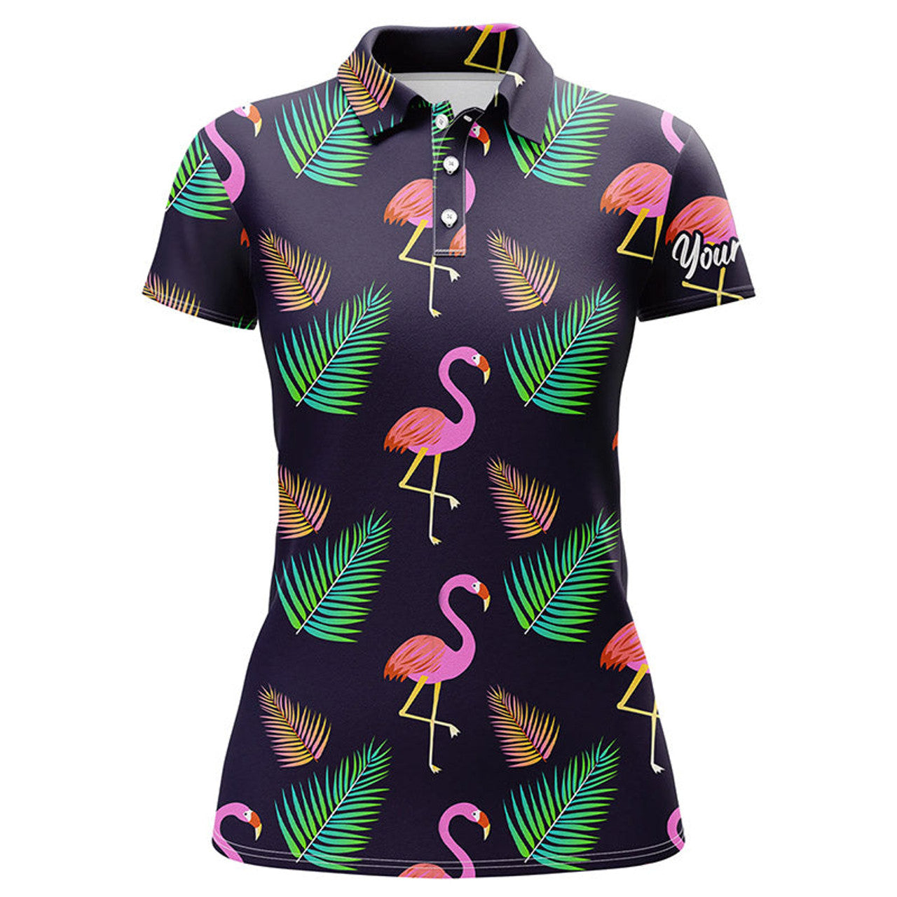 Custom Womens Golf Polo Shirt Neon Flamingos Palm Leaves Pattern Custom Team Flamingo Golf Shirts