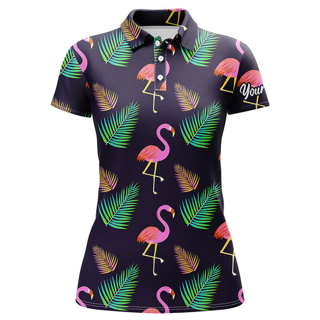 Custom Womens Golf Polo Shirt Neon Flamingos Palm Leaves Pattern Custom Team Flamingo Golf Shirts