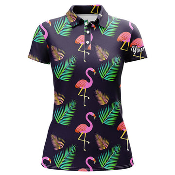 Custom Womens Golf Polo Shirt Neon Flamingos Palm Leaves Pattern Custom Team Flamingo Golf Shirts