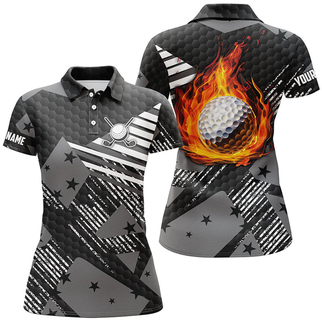 Custom Black And White Pattern Flame Golf Ball Women Polo Shirt Custom Golf Shirts For Ladies, Golfing Gifts