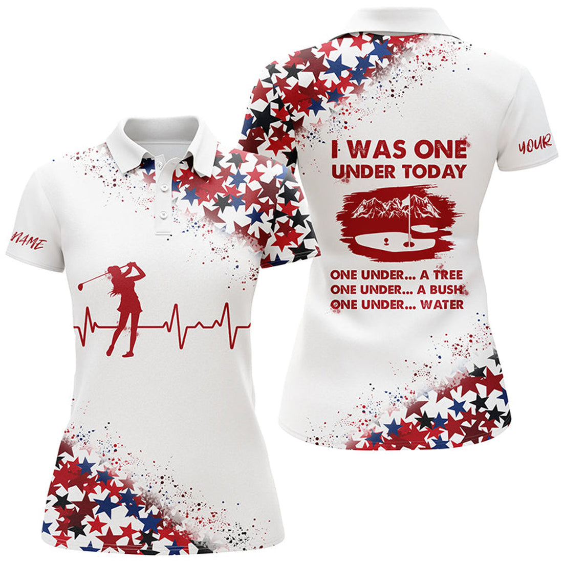 Custom Womens Golf Polo Shirt Custom Red White And Blue Stars Pattern I Was One Under Today Tree, Bush, Water