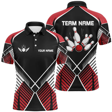 FUNSTUFFPRINT Personalized Black and Red Retro Bowling Polo Shirt Size S-5XL