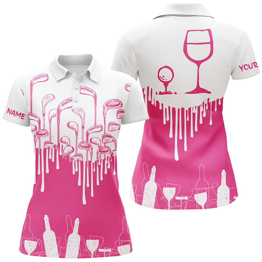Custom White And Pink Womens Golf Shirt Golf & Wine Custom Name Womens Golf Polo Shirts