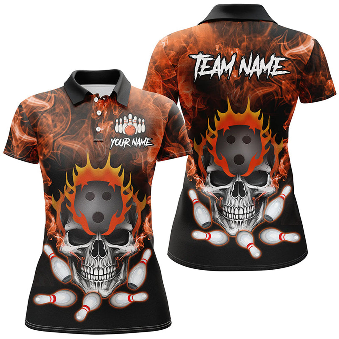 Custom Orange Smoke Skull Bowling Polo For Women Custom Team Bowling League Jerseys