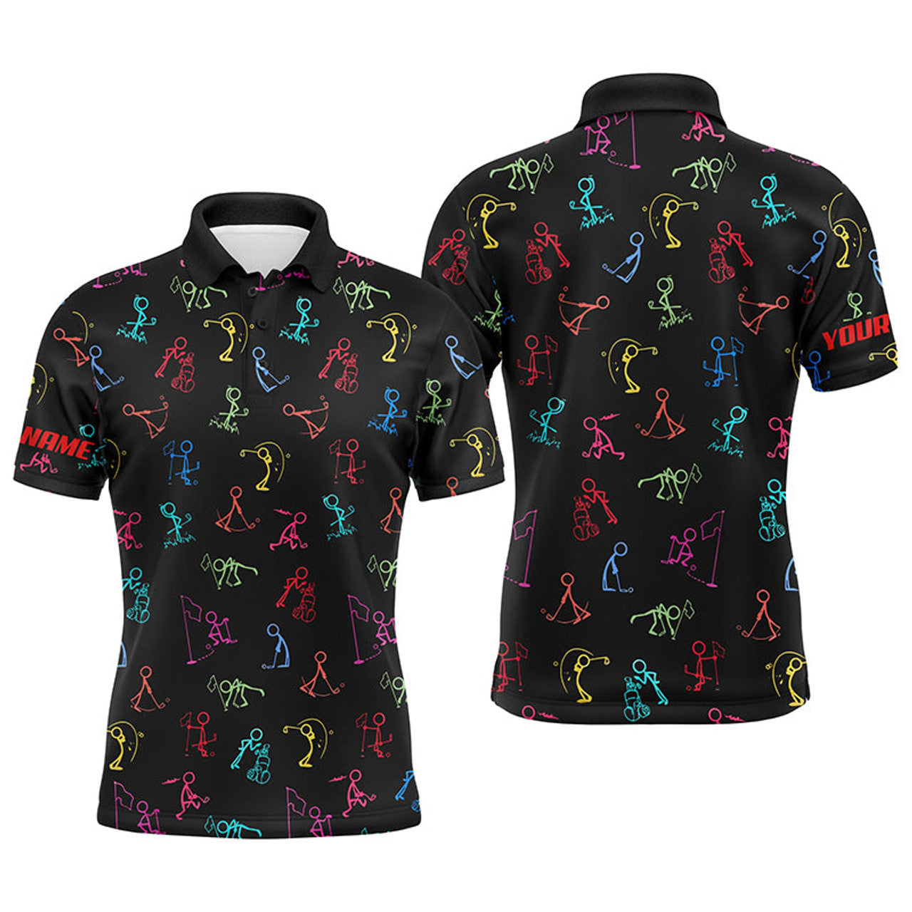 Custom Men golf polo shirts custom name funny multi color golf pattern black polo shirt best mens golf wear