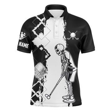 Custom Golf Men Polo Shirt - Black And White Mens Skull Golfing Custom Name Apparel - Personalized Gift For Golf Lover, Team, Golfer