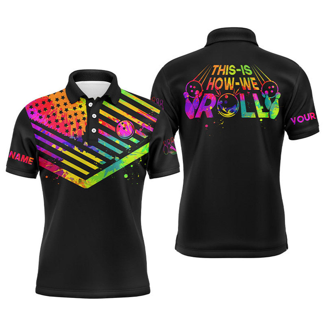 Custom Men'S Polo Bowling Shirt Watercolor American Flag Custom This Is How We Roll Bowling Jerseys | Black