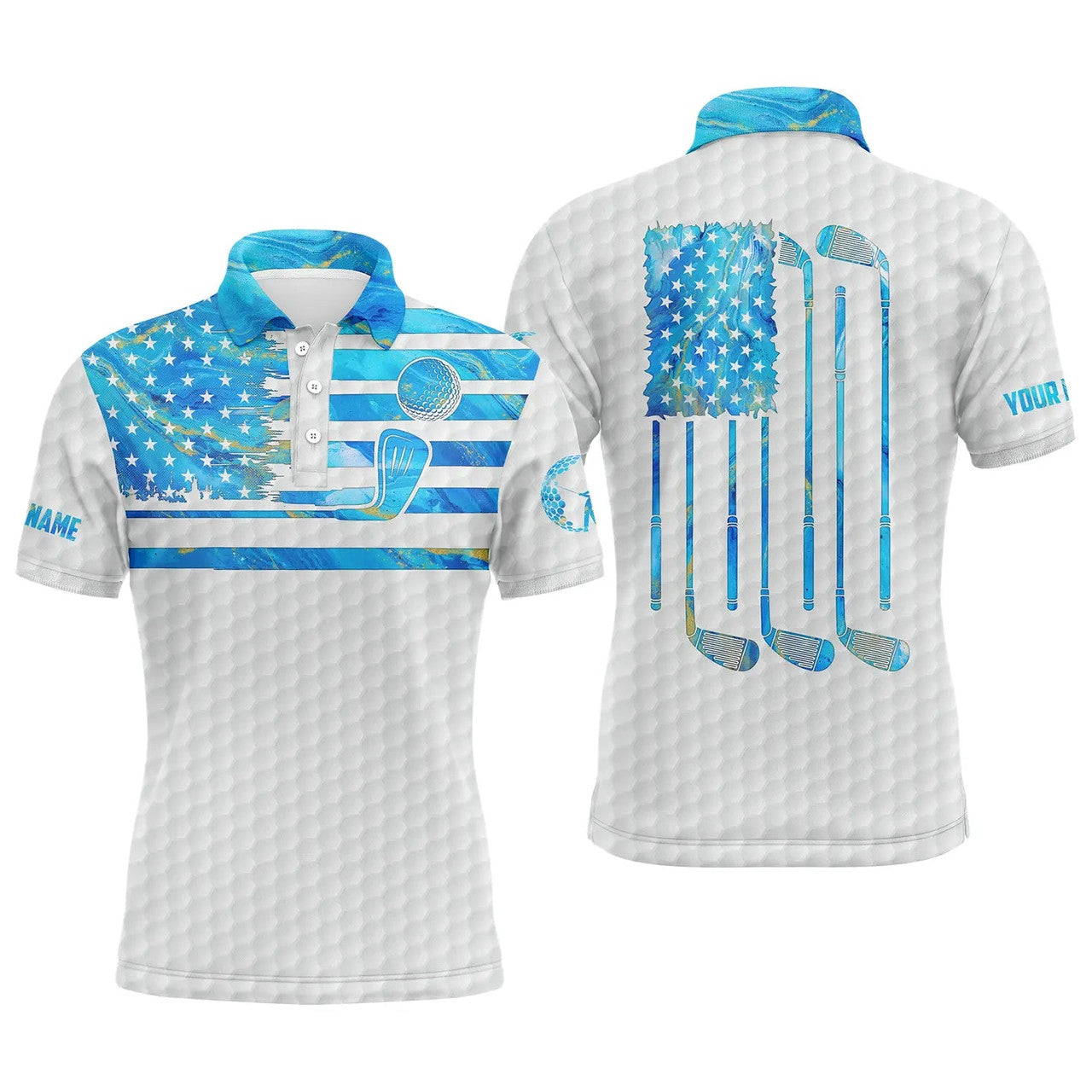 Custom Blue watercolor American flag patriotic Men golf polo shirts custom name white golf polo shirt mens