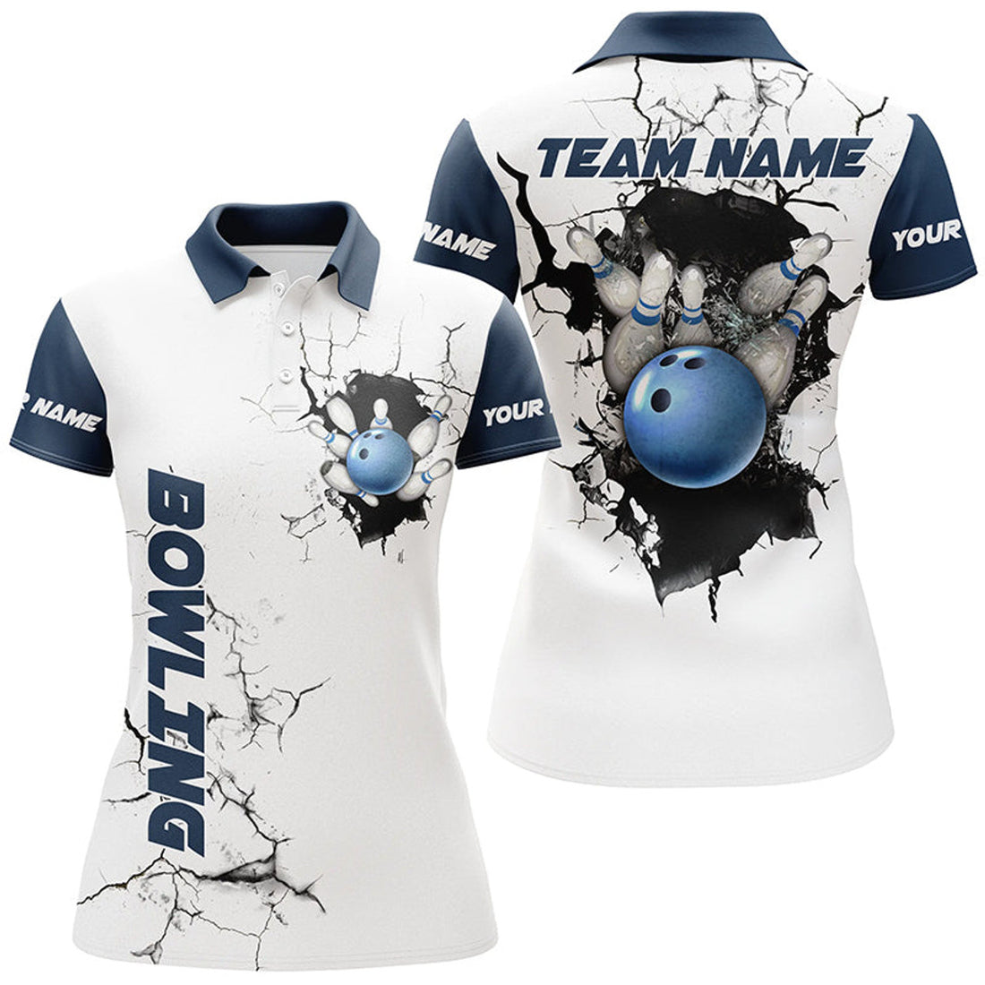 Custom Women Bowling Polo Shirts Custom Bowling Ball And Pins Team League Jerseys, Gifts For Bowlers | Blue