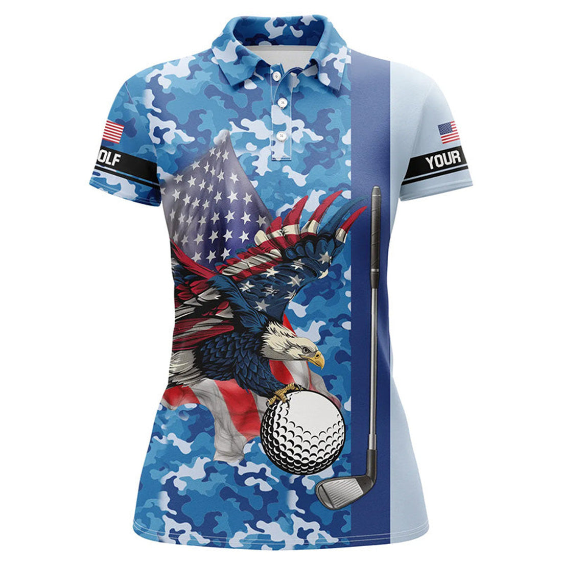 Custom Blue Camo American Flag Eagle Women Golf Polo Shirts Custom Patriotic Golf Outfits For Ladies