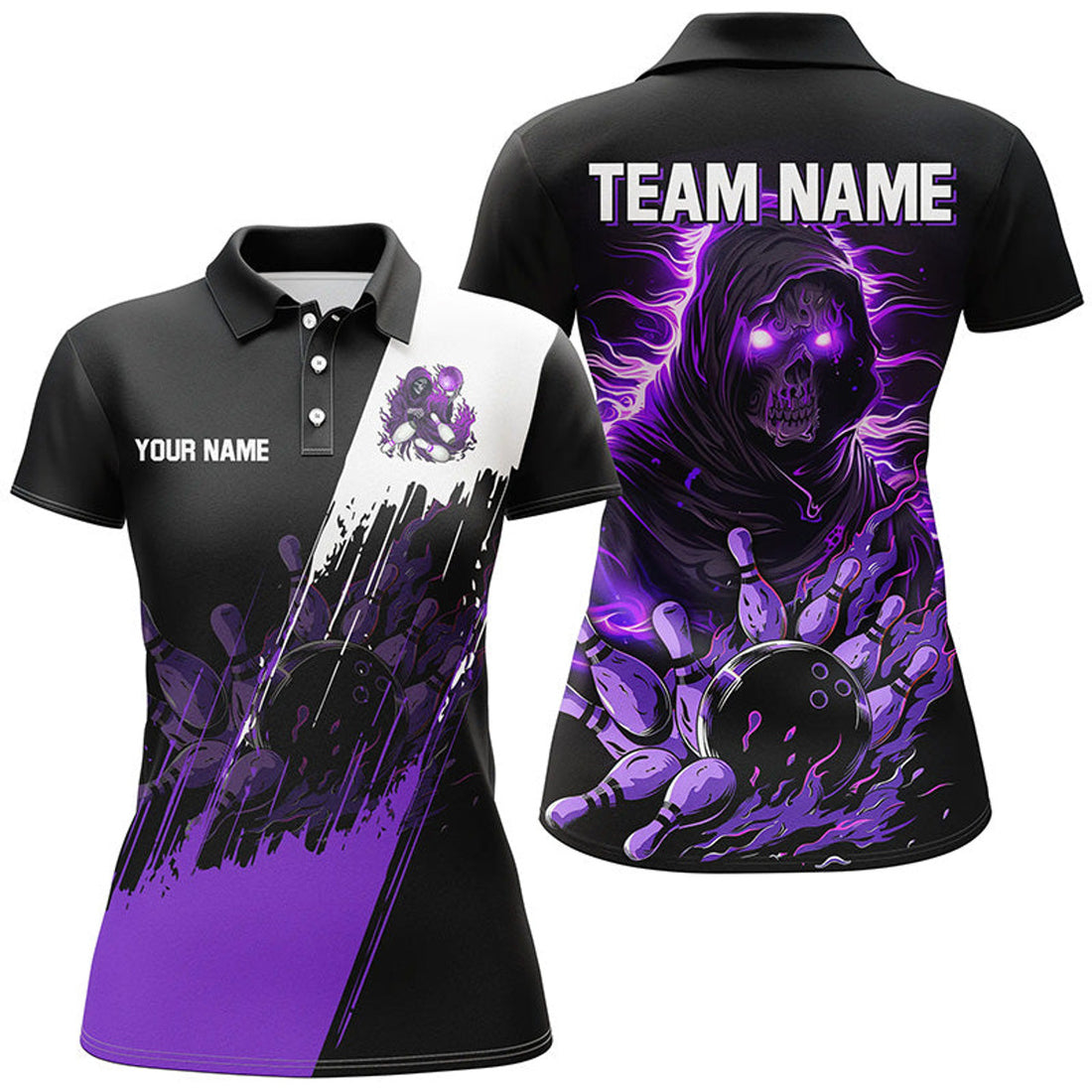 Custom Black And Purple Skull Reaper Bowling Jerseys Polo, Shirt For Women Custom Bowling Team Shirts