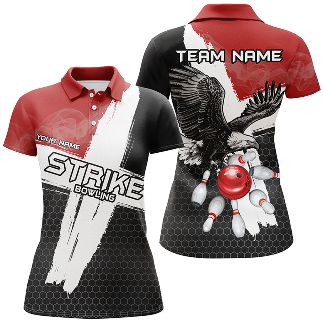 Custom Black And Red Eagle Strike Women Bowling Polo Custom Team Bowling League Jerseys