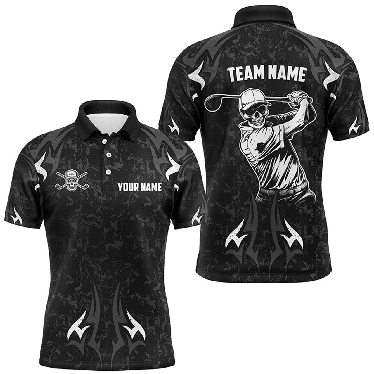 Custom Black and White Camo Skull Mens golf polo shirts custom golf attire for men, personalized golf gifts
