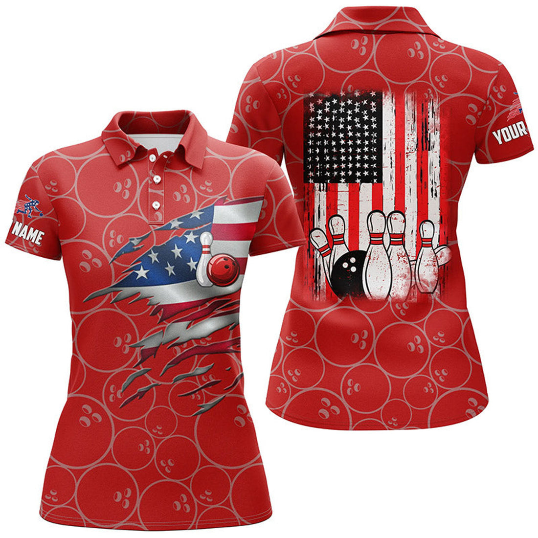 Custom Bowling Polo Shirt For Women Custom Red Vintage American Flag Bowling Jerseys