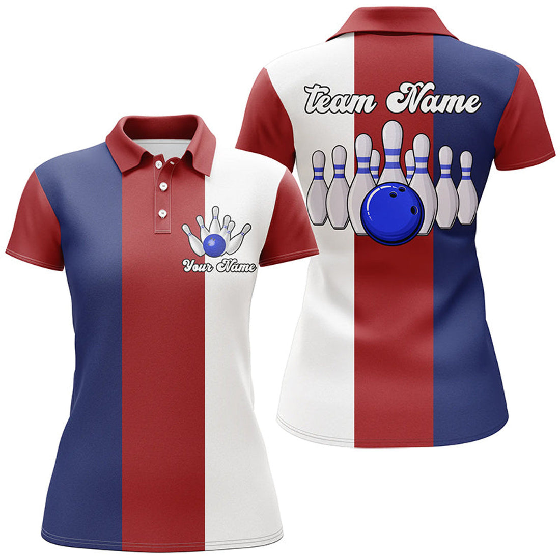 Custom Personalized Red White And Blue Retro Bowling Polo Shirt For Women Custom Vintage Bowling Team Jerseys