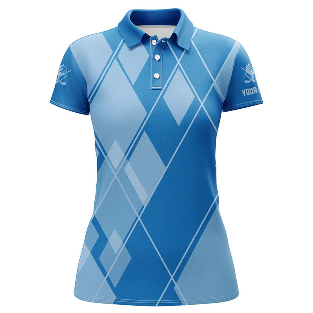 Custom Blue Argyle Pattern Custom Womens Golf Polo Shirts, Ladies Golf Tops Golfing Gifts