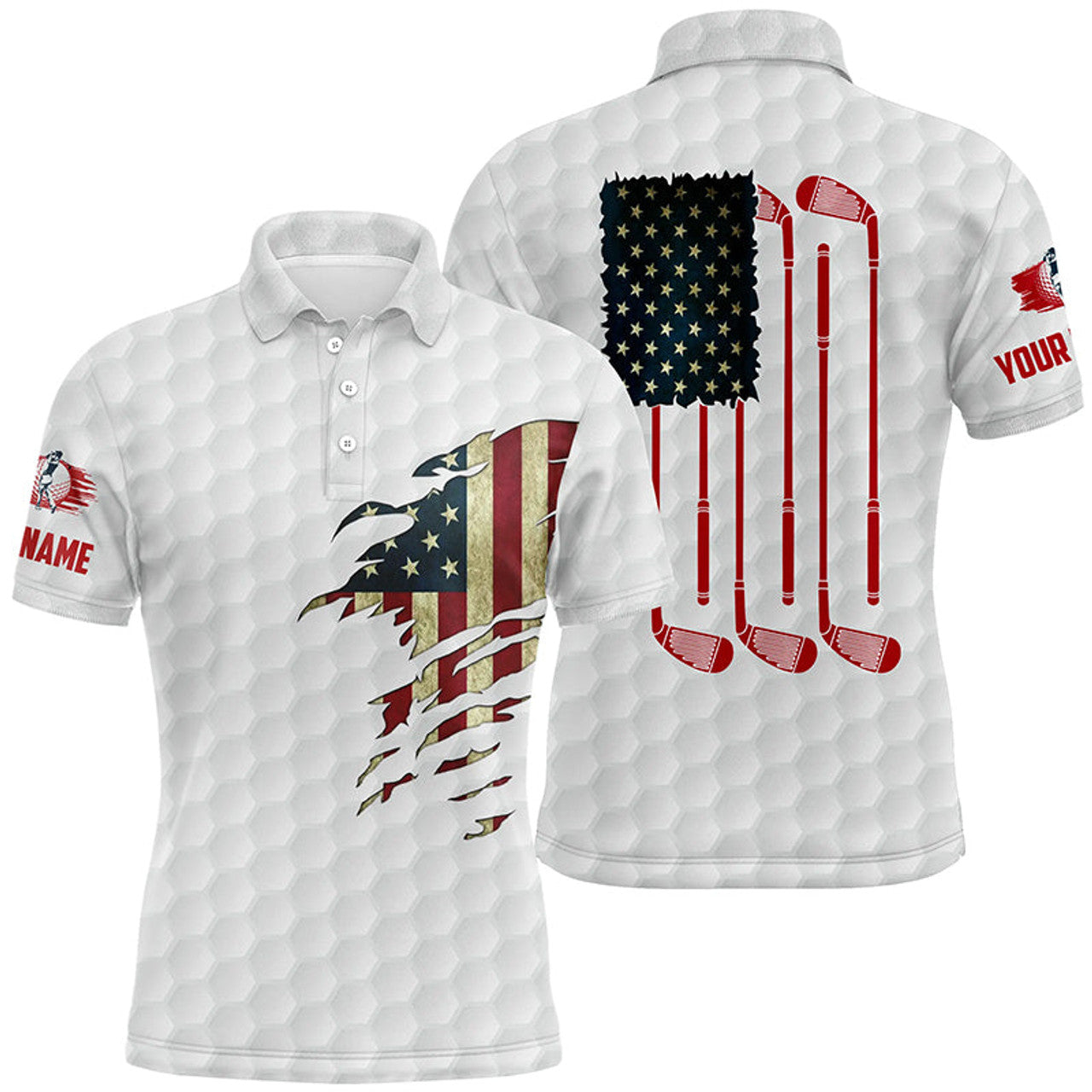 Custom Mens golf polo shirts American flag patriot custom name vintage flag golf clubs golf outfit men