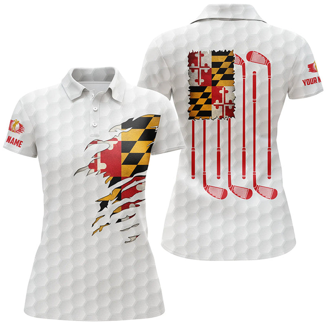 Custom Womens Golf Polo Shirts Maryland Flag Patriot Custom Name Vintage Flag Golf Clubs Golf Shirt Women