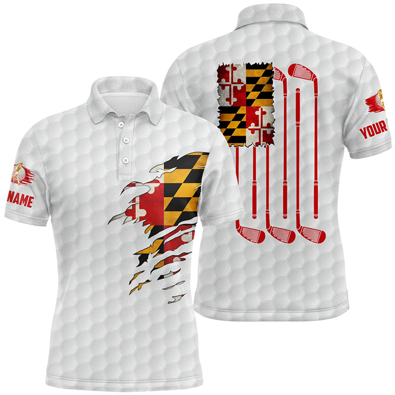 Custom Mens golf polo shirts Maryland flag patriot custom name vintage flag golf clubs golf outfit men
