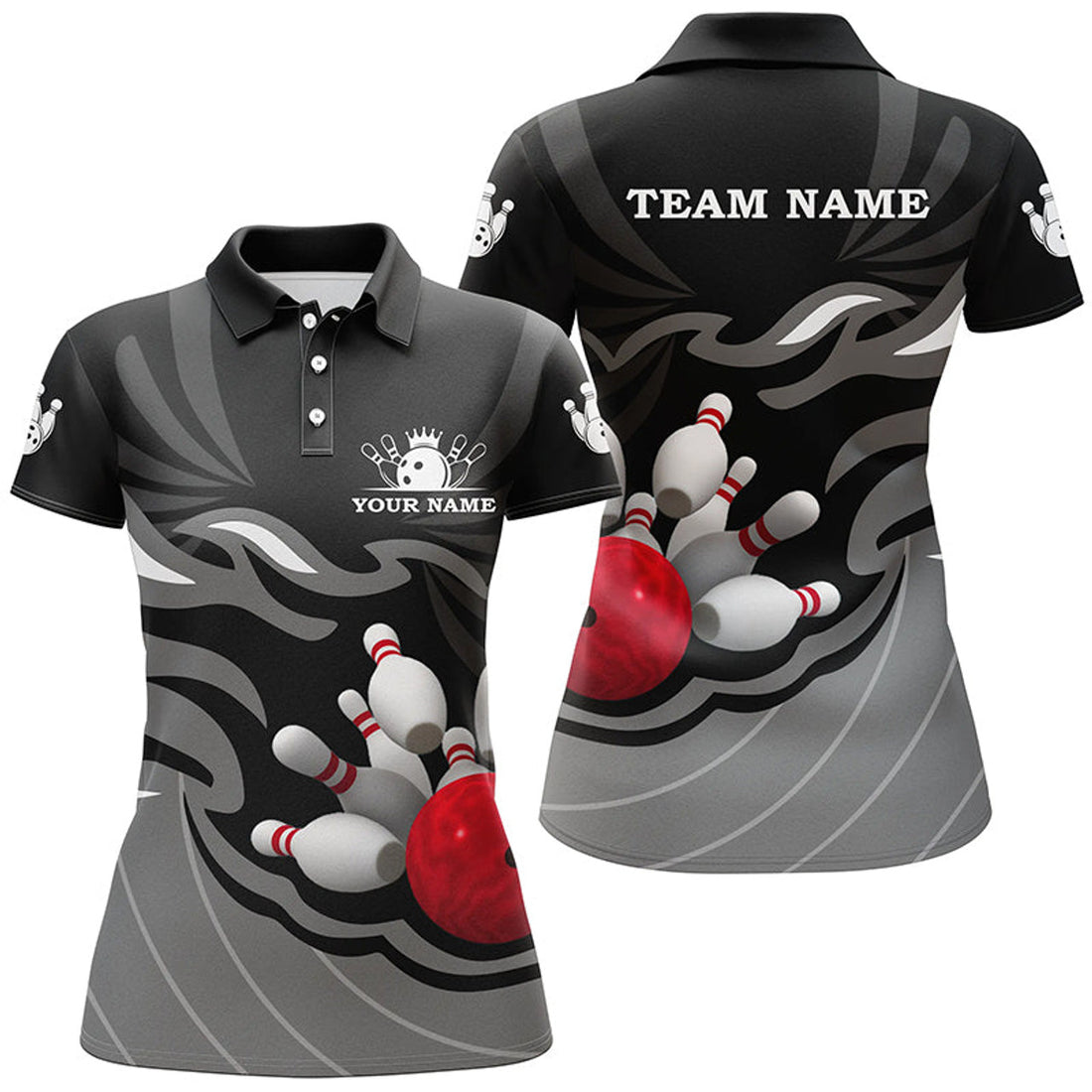 Custom Women Polo, Bowling Shirts Custom Bowling Ball And Pins Team League Jerseys