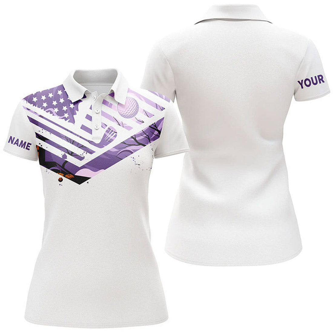 Custom Womens Golf Polo Shirt Purple American Flag Custom Halloween White Golf Shirt