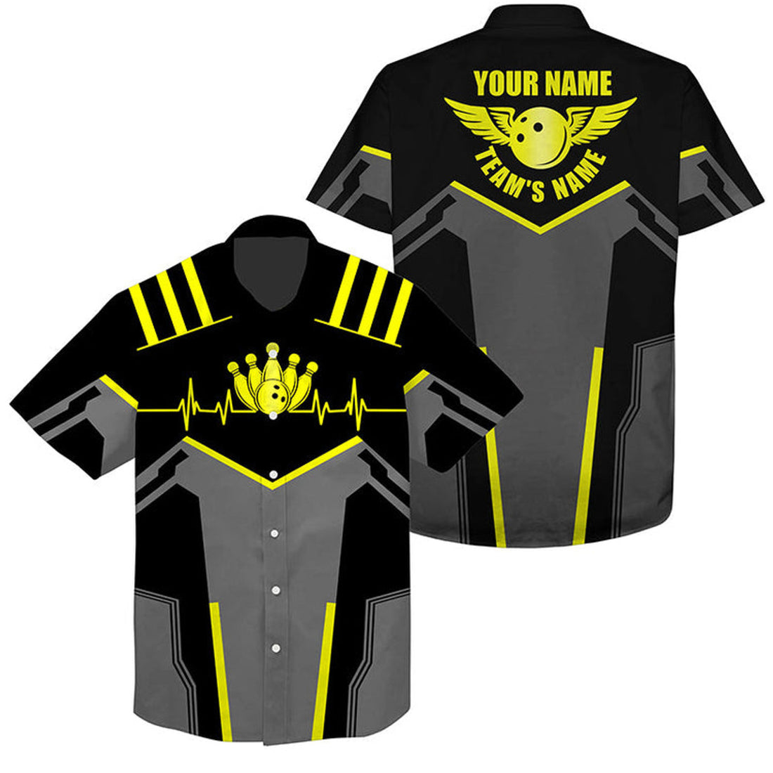 Custom Multi Color Bowling Hawaiian Shirt Custom Name And Team Name Blue Bowling Ball And Pins, Team Bowling Shirts
