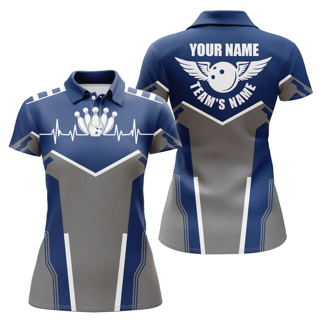 Custom Bowling Shirts For Women Custom Name, Team Name Bowling Ball And Pins Womens Polo Shirts | Navy Blue