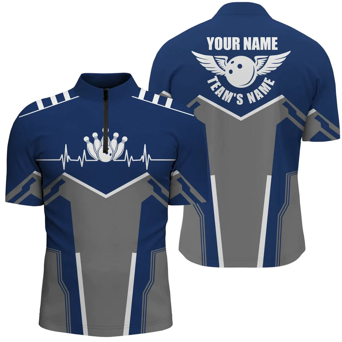 Custom Bowling shirts for men custom name, team name Bowling Ball & Pins men Quarter Zip shirt Navy Blue