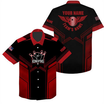 Custom Red And Black Bowling Hawaiian Shirt For Men Custom Name And Team Name Mens Bowling Team Shirts
