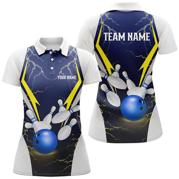 Custom Blue Lightning Thunder Bowling Ball And Pins Custom Women Bowling Polo Shirts, Team Bowling Jerseys