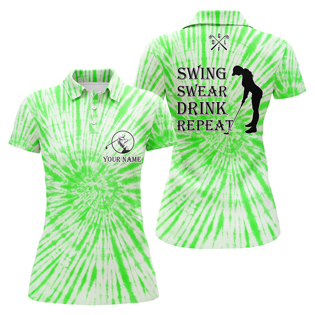 Custom Funny Womens Golf Polos Shirts Custom Name Swing Swear Drink Repeat Green Tie Dye Pattern Golf Shirts