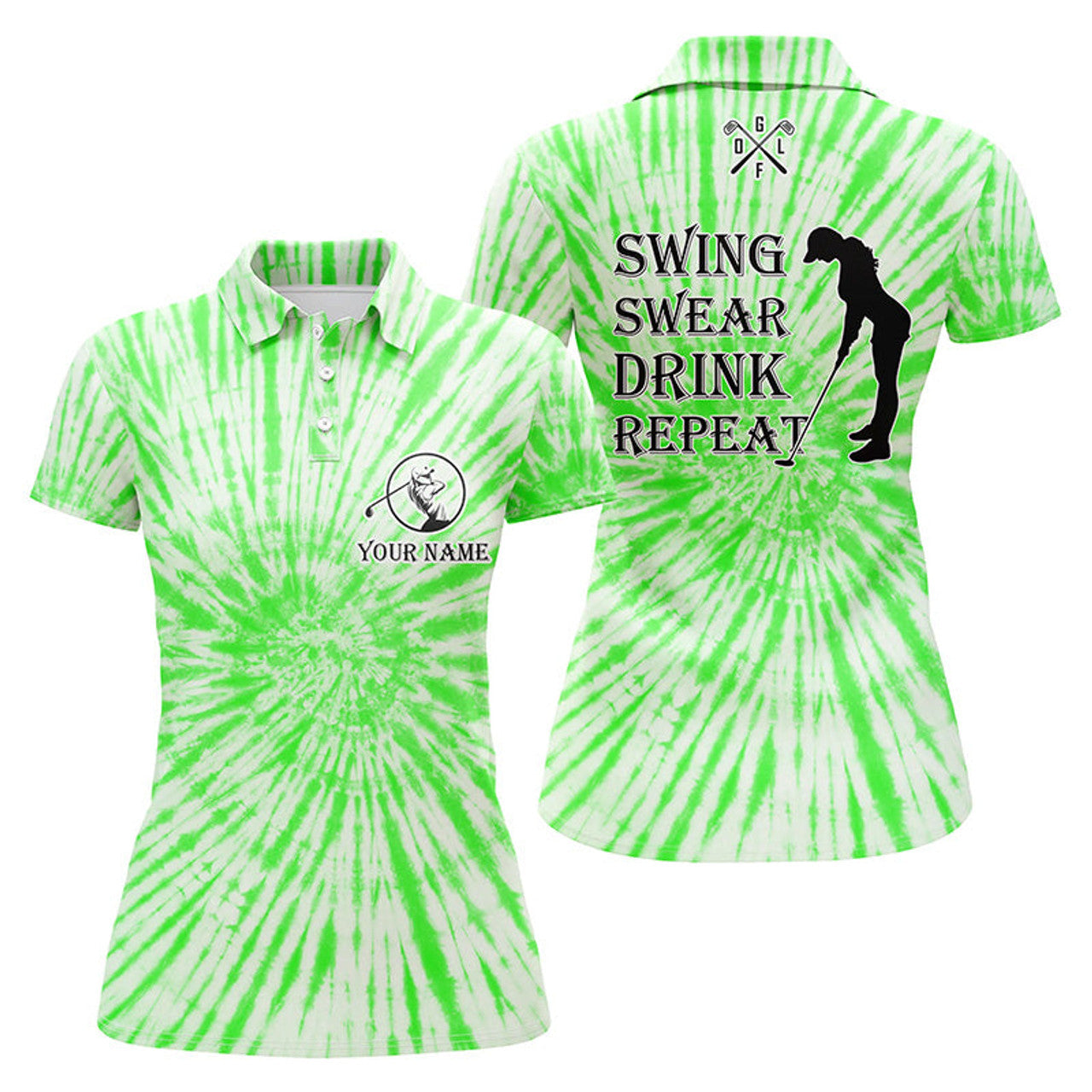 Custom Funny Womens Golf Polos Shirts Custom Name Swing Swear Drink Repeat Green Tie Dye Pattern Golf Shirts