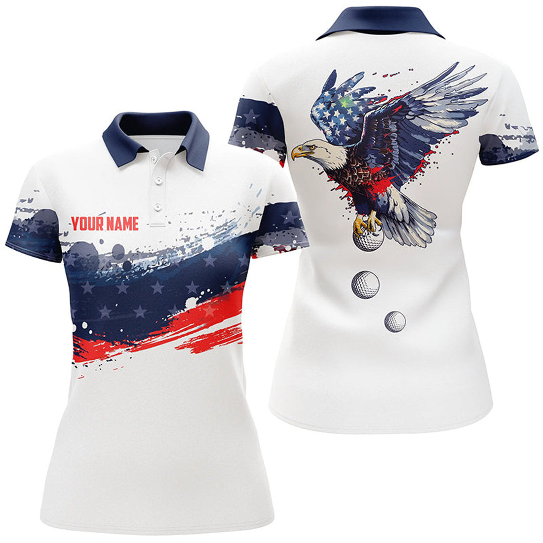 Custom Red, White And Blue American Flag Women Golf Polo Shirts Custom Eagle Golf Ball Team Ladies Golf Tops
