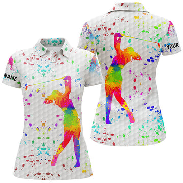Custom Womens Golf Polo Shirt Custom Name Watercolor White Golf Ball, Personalized Golf Gifts For Women