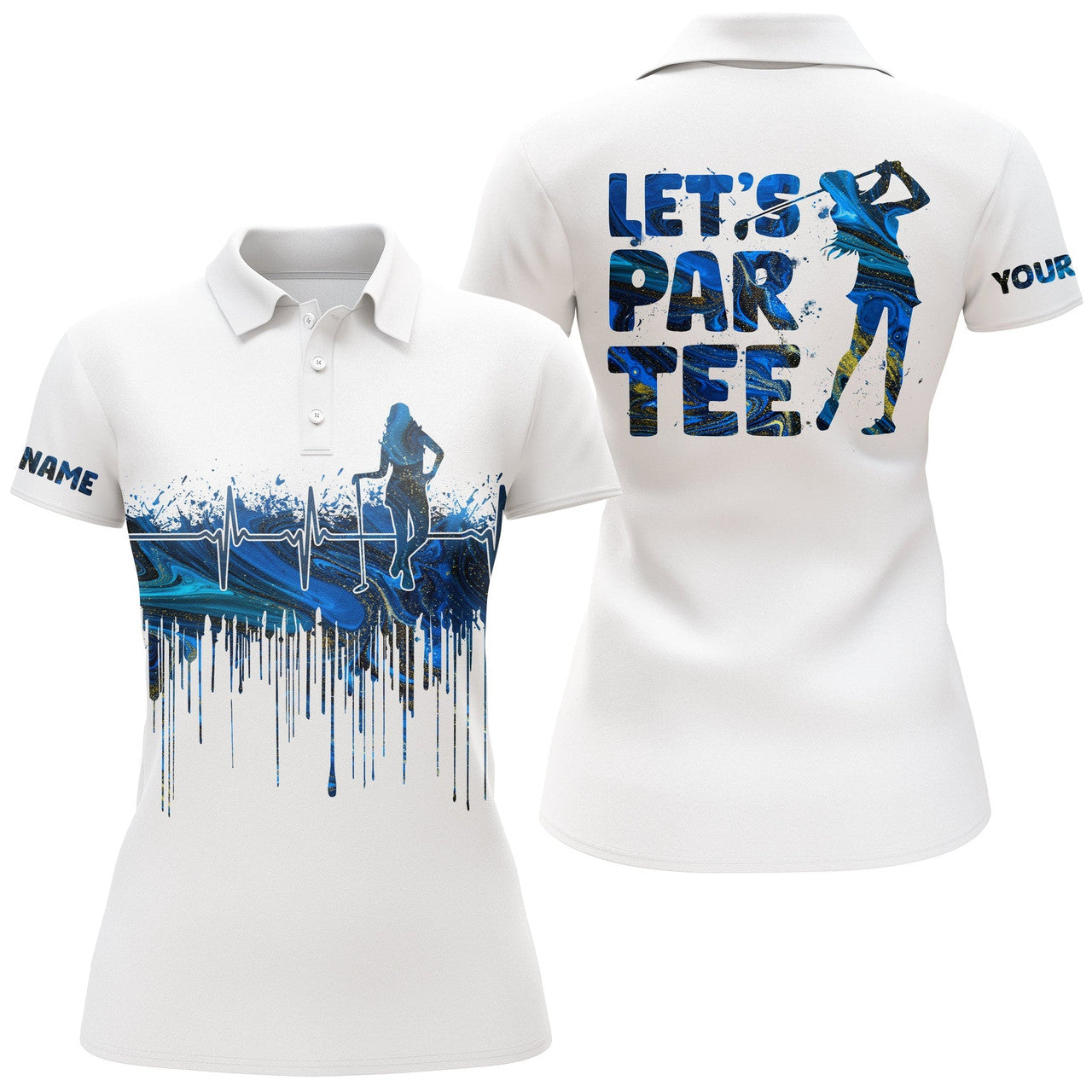 Custom Womens Golf Polo Shirt Blue Custom Name Let's Par Tee Funny White Golf Shirt