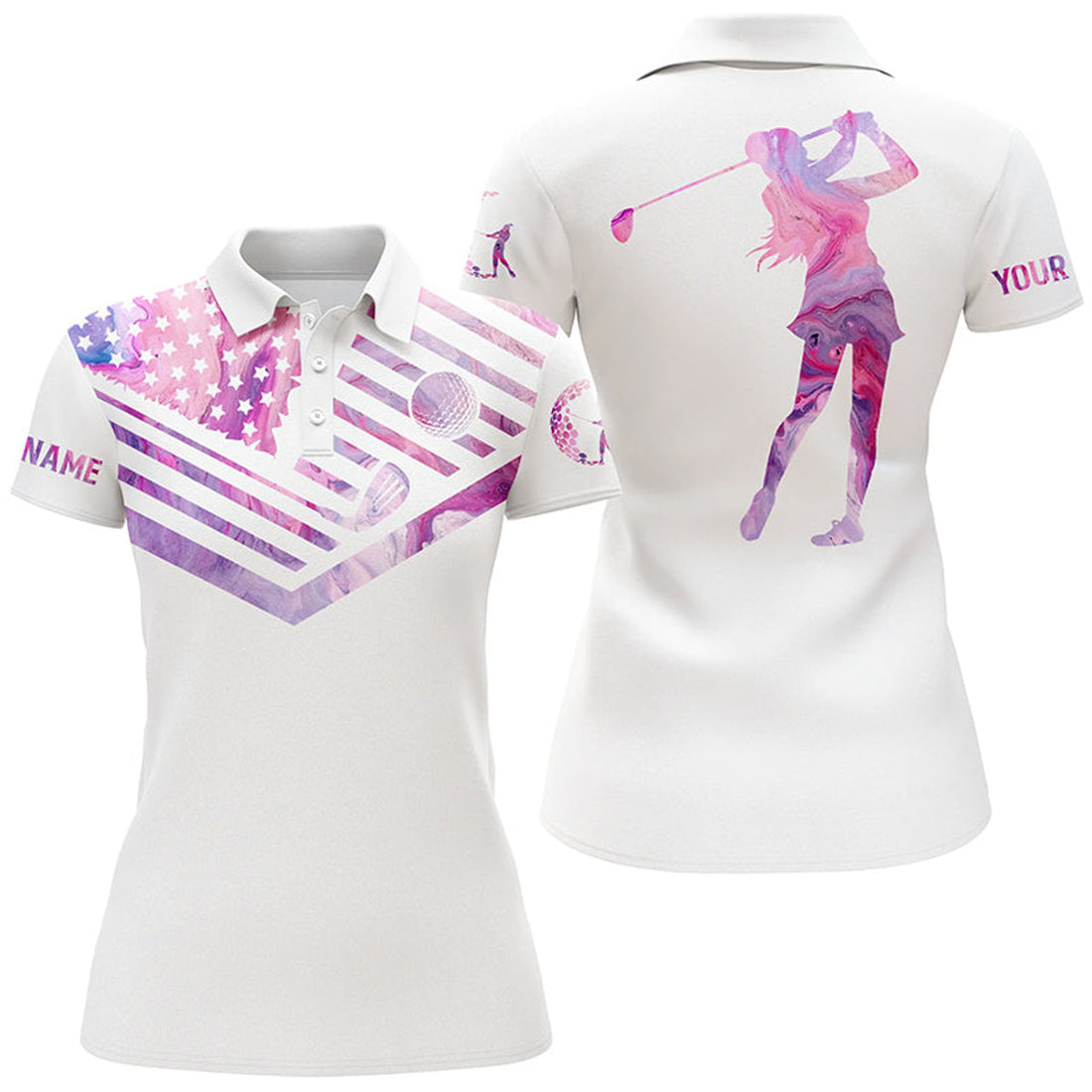 Custom Womens Golf Polo Shirt Pink Marble American Flag Custom Name White Golf Shirt