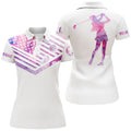 Custom Womens Golf Polo Shirt Pink Marble American Flag Custom Name White Golf Shirt