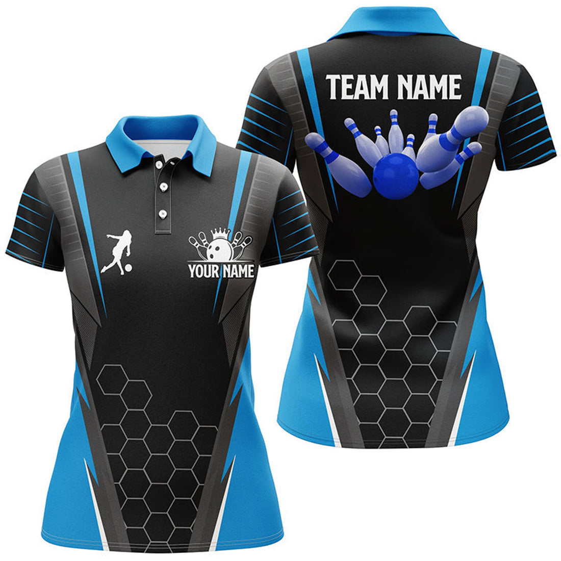 Custom Black Women's Polo Bowling Shirt Custom Name Ladies Bowlers Jersey, team bowling outfits | Blue
