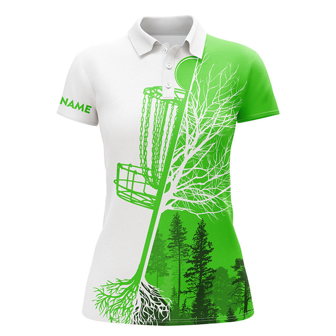 Custom Womens Disc Golf Polo Shirt Custom Name Green & White Disc Golf Basket, Personalized Disc Golf Shirts