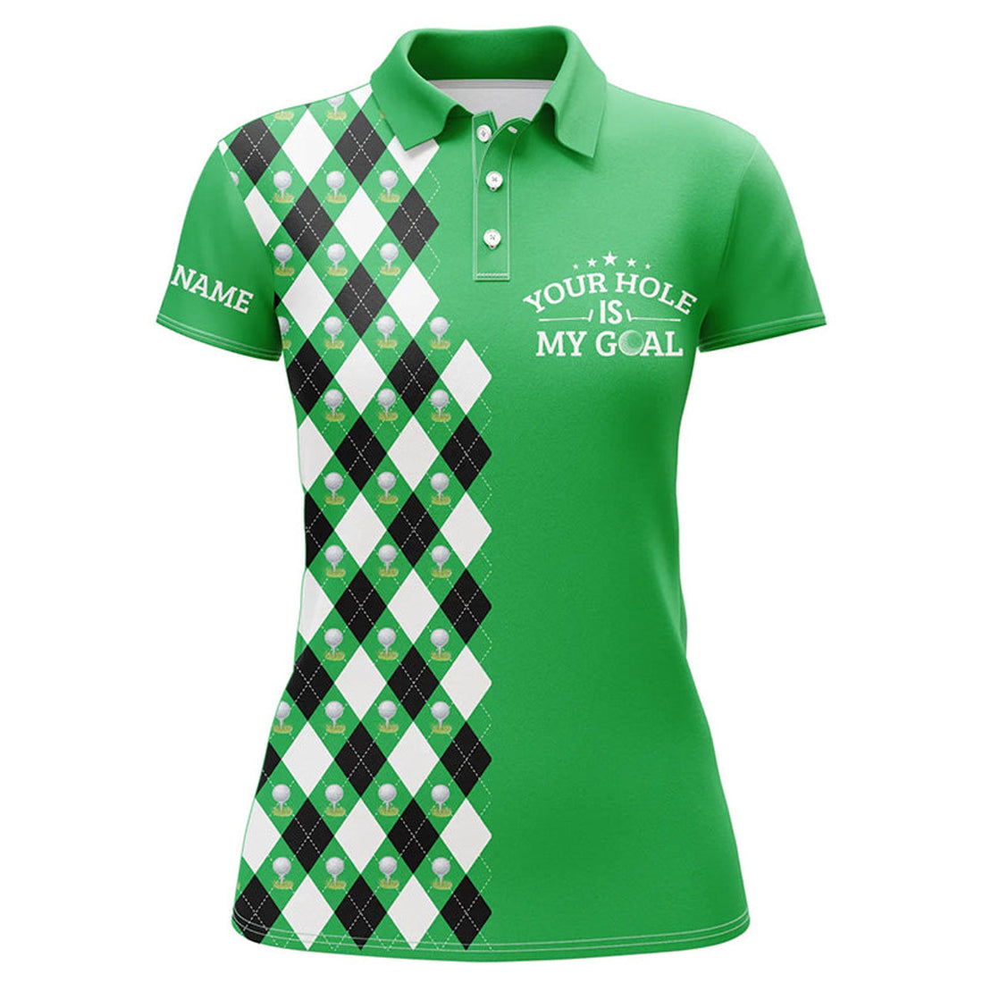 Custom Funny Womens Golf Polos Shirt Green Argyle Pattern Custom Your Hole Is My Goal, Golfing Gifts