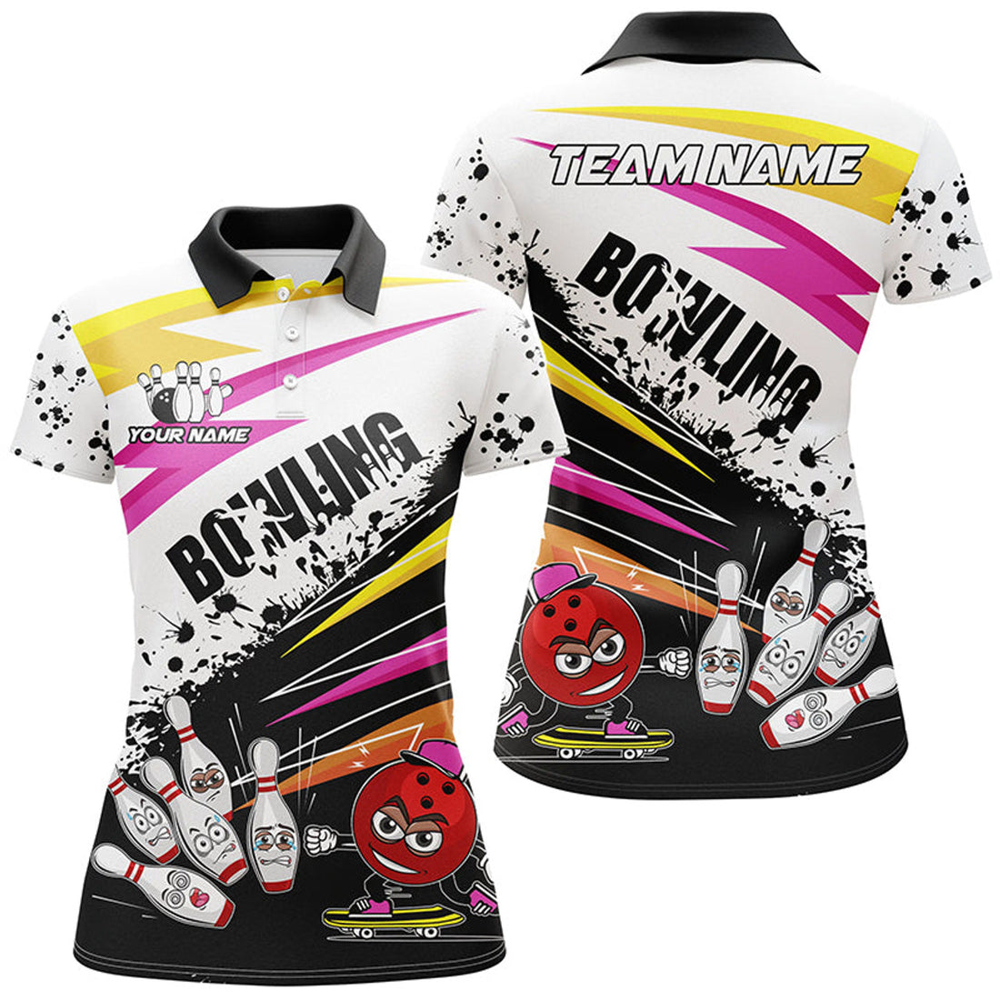 Custom Funny Colorful Bowling Ball And Pins Bowling Polo, Shirt For Women Custom Team Bowling Jerseys