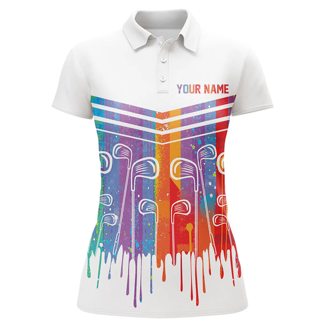 Custom Rainbow Color Golf Clubs Women Golf Polo Shirts Custom White Golf Apparel For Women, Cool Golf Gifts