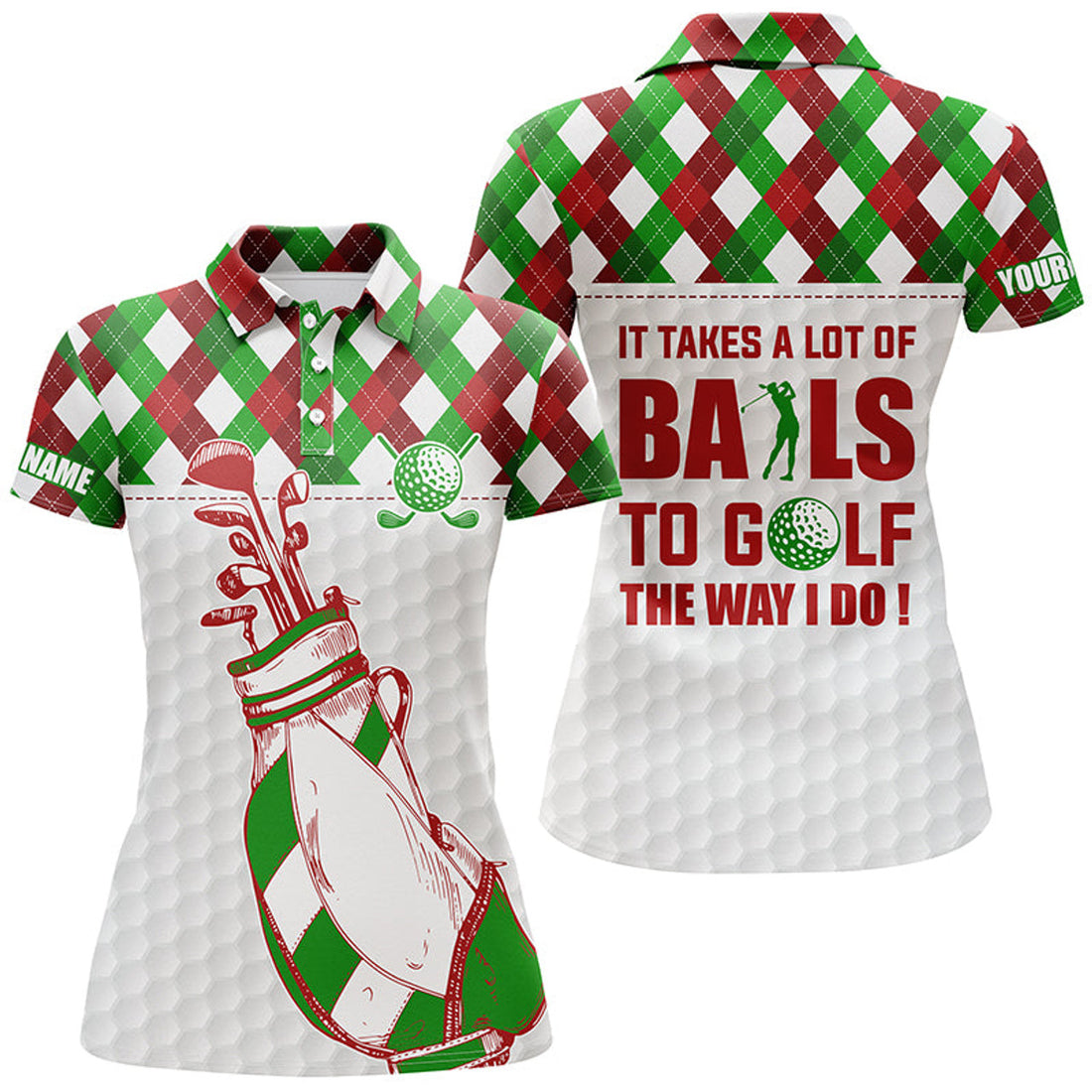 Custom Women Golf Polo Shirt It Takes A Lot Of Balls To Golf Custom Christmas Argyle Pattern Shirt For Women