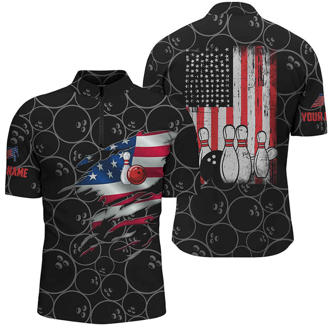 Custom Bowling Quarter Zip shirts for men custom name vintage American flag bowling jerseys, super bowl shirt