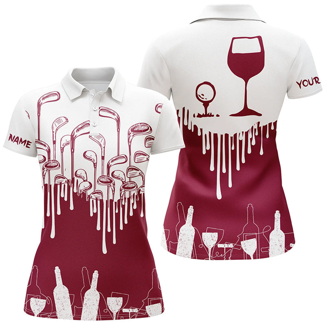 Custom White And Red Womens Golf Shirt Golf & Wine Custom Name Womens Golf Polo Shirts