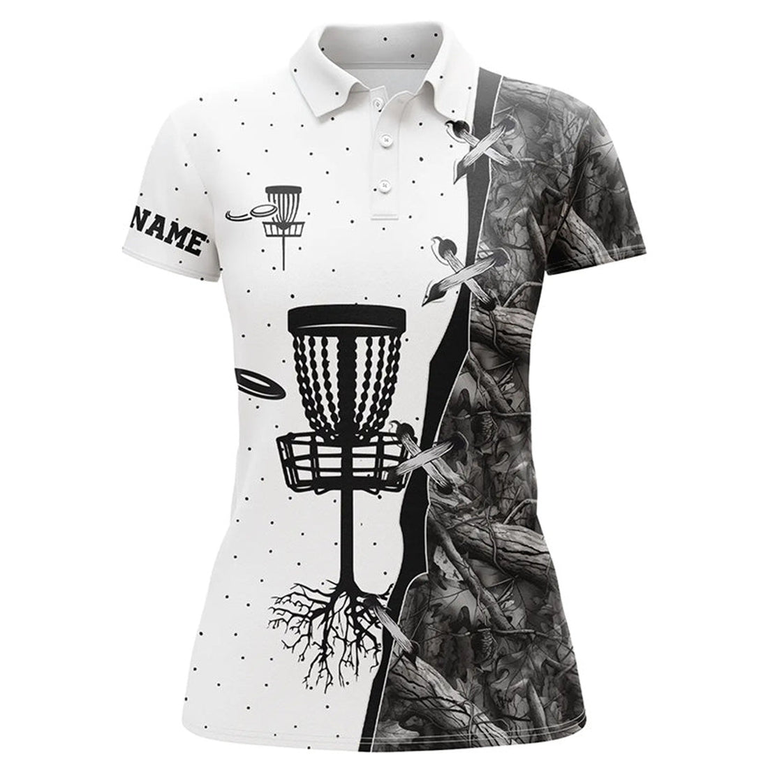 Custom Women Disc Golf Polo Shirt Black Camo Disc Golf Hole Custom Name Disc Golf Team Shirt, Disc Golf Gifts